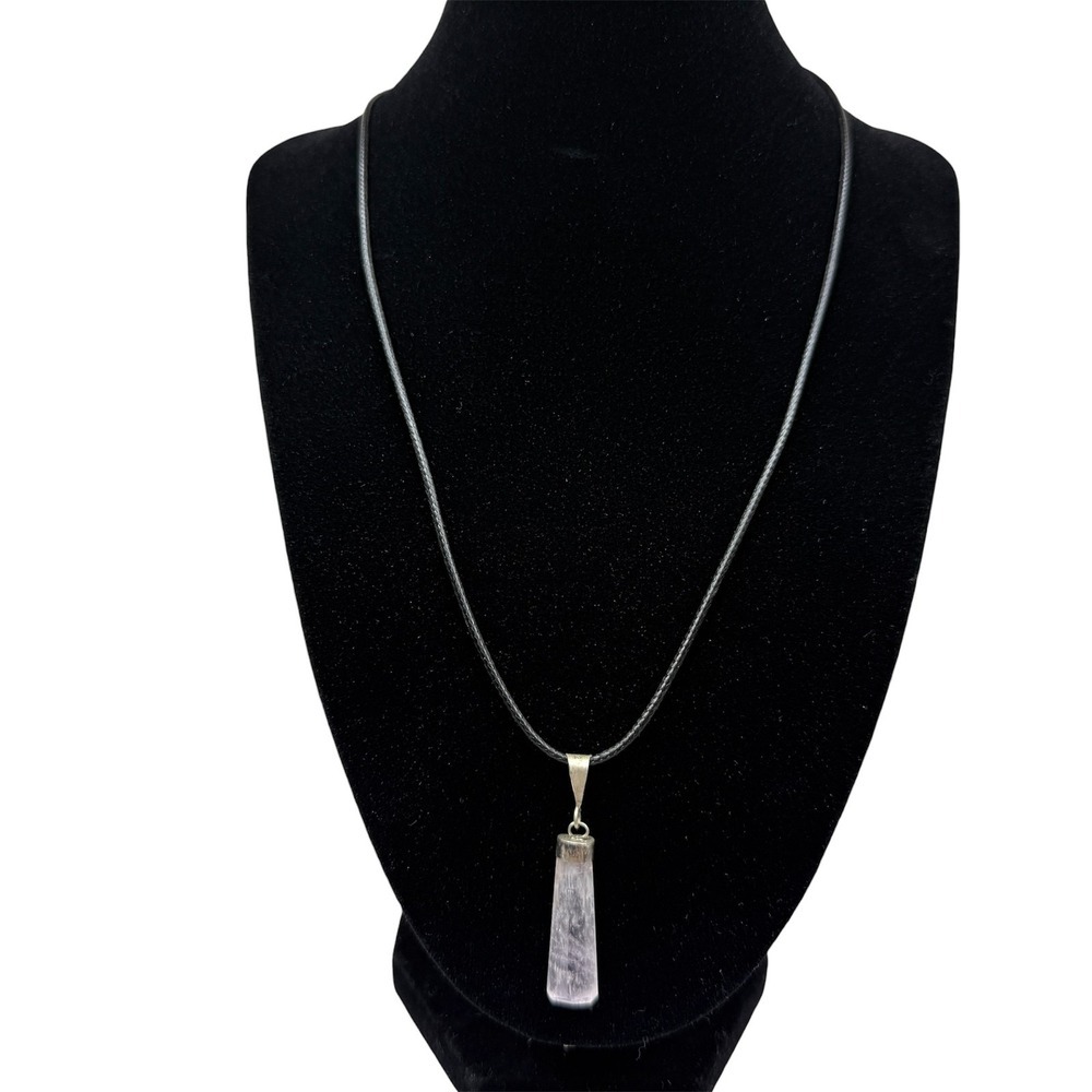 925 Silver Natural Pale Lavender Amethyst Crystal Pendant Black Cord Necklace